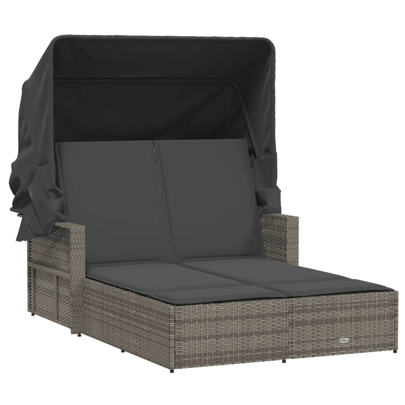 Double Sun Lounger with Canopy and Cushions Grey Poly Rattan Payday Deals