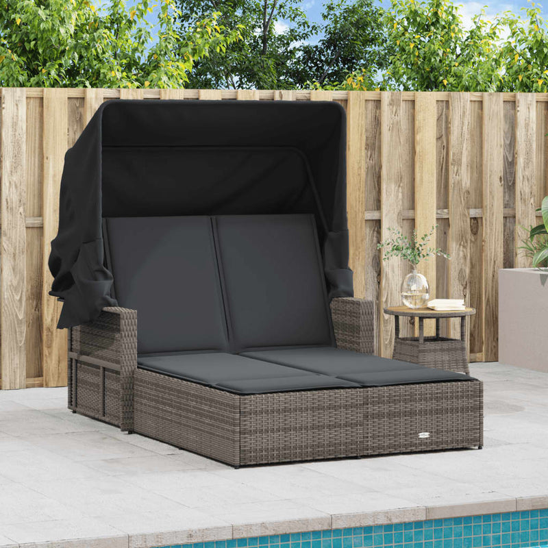 Double Sun Lounger with Canopy and Cushions Grey Poly Rattan Payday Deals