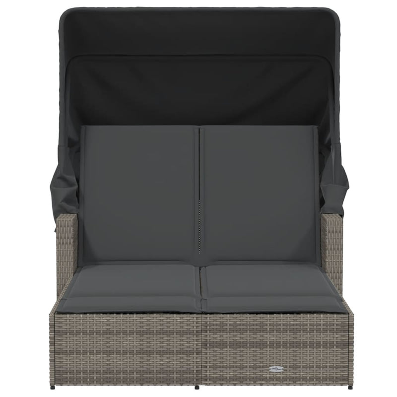 Double Sun Lounger with Canopy and Cushions Grey Poly Rattan Payday Deals