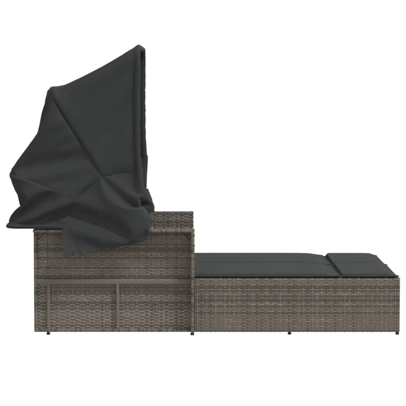 Double Sun Lounger with Canopy and Cushions Grey Poly Rattan Payday Deals