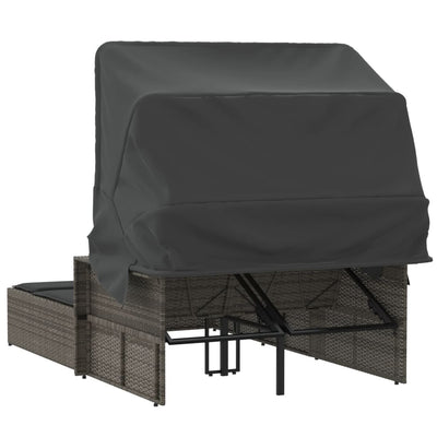 Double Sun Lounger with Canopy and Cushions Grey Poly Rattan Payday Deals