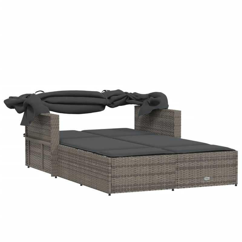 Double Sun Lounger with Canopy and Cushions Grey Poly Rattan Payday Deals