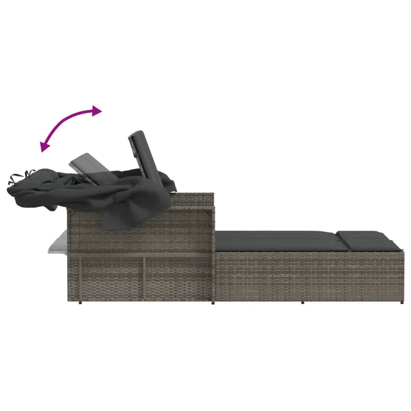 Double Sun Lounger with Canopy and Cushions Grey Poly Rattan Payday Deals