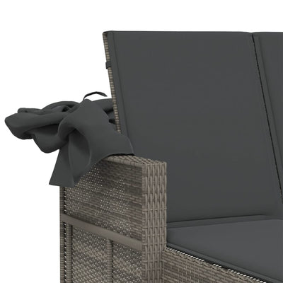 Double Sun Lounger with Canopy and Cushions Grey Poly Rattan Payday Deals