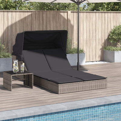 Double Sun Lounger with Canopy and Cushions Grey Poly Rattan