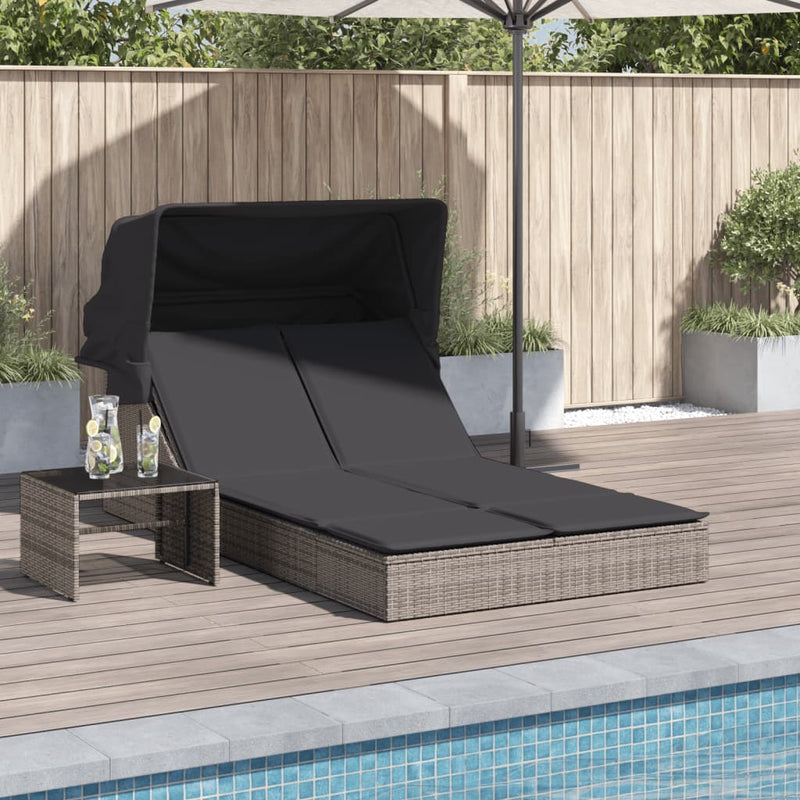 Double Sun Lounger with Canopy and Cushions Grey Poly Rattan Payday Deals