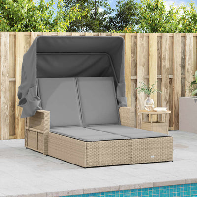 Double Sun Lounger with Canopy and Cushions Mix Beige Poly Rattan Payday Deals