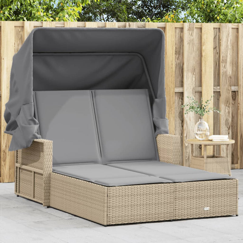 Double Sun Lounger with Canopy and Cushions Mix Beige Poly Rattan Payday Deals