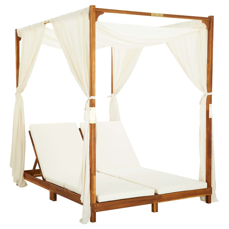 Double Sun Lounger with Curtains & Cushions Solid Acacia Wood Payday Deals