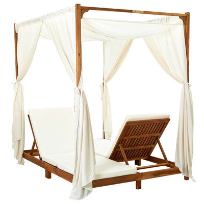 Double Sun Lounger with Curtains & Cushions Solid Acacia Wood Payday Deals
