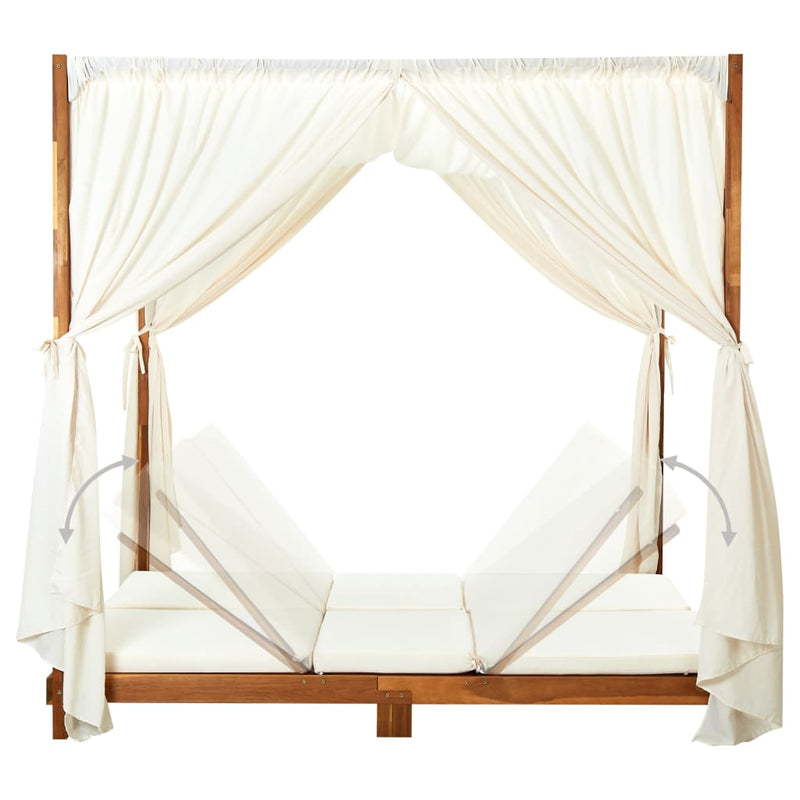 Double Sun Lounger with Curtains & Cushions Solid Acacia Wood Payday Deals