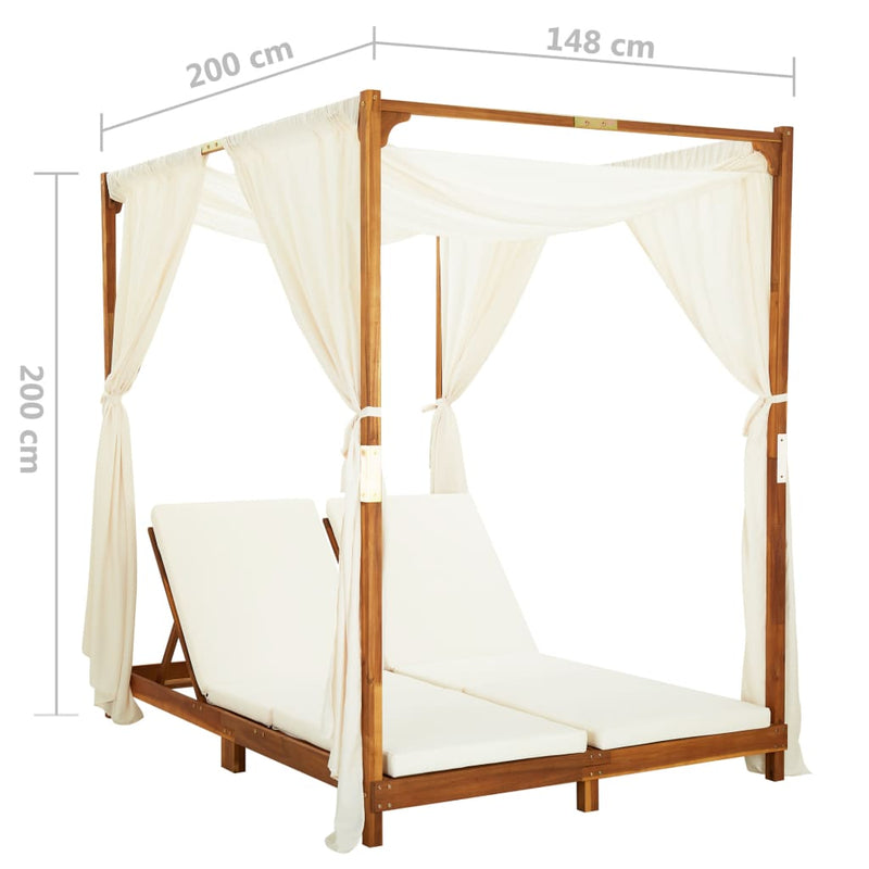 Double Sun Lounger with Curtains & Cushions Solid Acacia Wood Payday Deals