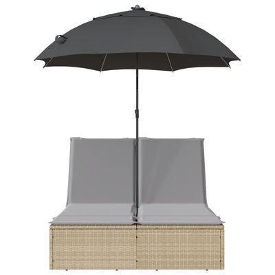 Double Sun Lounger with Cushions&Parasol Beige Poly Rattan Payday Deals