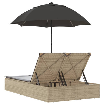 Double Sun Lounger with Cushions&Parasol Beige Poly Rattan Payday Deals
