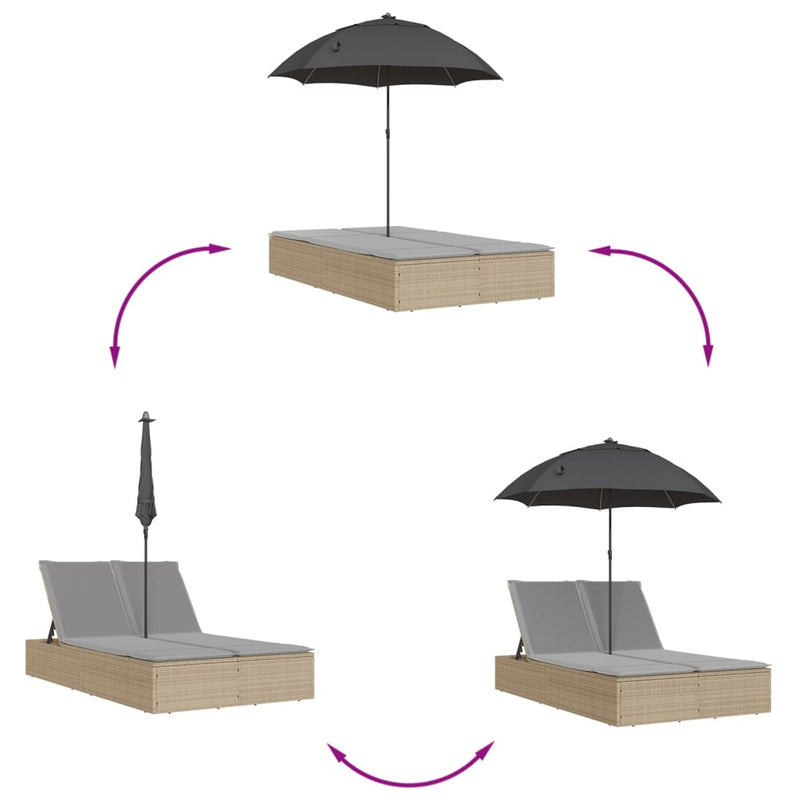 Double Sun Lounger with Cushions&Parasol Beige Poly Rattan Payday Deals