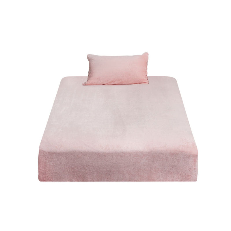 DreamZ Fitted Bed Sheet Set Pillowcase Flannel Single Size Winter Warm Pink Payday Deals