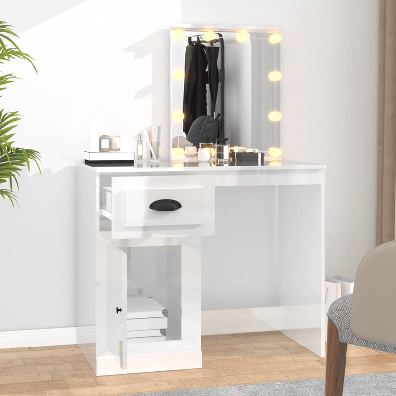 Dressing Table with LED High Gloss White 90x50x132.5 cm Engineered Wood Payday Deals