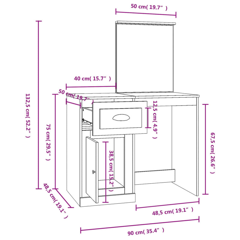 Dressing Table with Mirror Smoked Oak 90x50x132.5 cm Engineered Wood Payday Deals