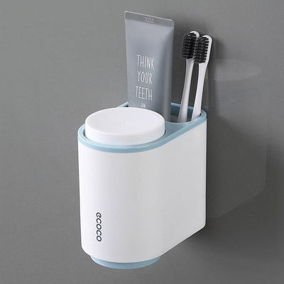 Ecoco Toothbrush Holder Multifunctional Wall-Mounted Magnetic Bathroom Blue Organizer Wall- Storage 2 Cups for Two People (Blue)
