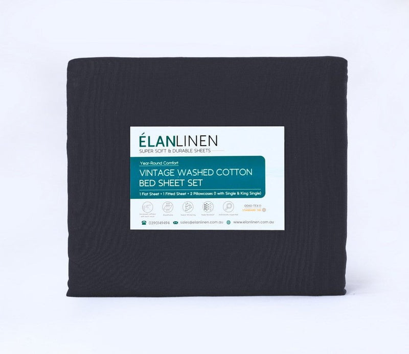 Elan Linen 100% Egyptian Cotton Vintage Washed 500TC Charcoal 50 cm Deep Mega Queen SIze Bed Sheets Set Payday Deals