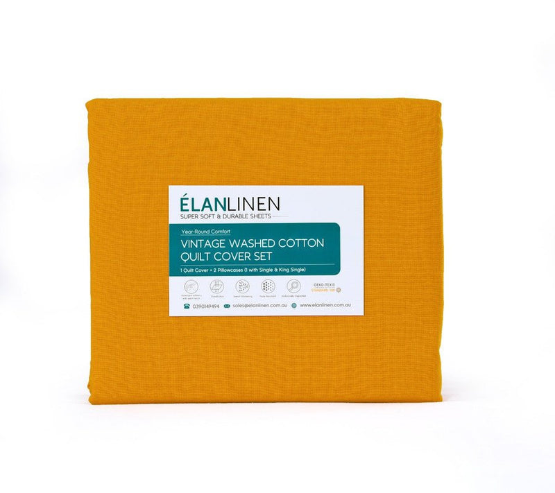 Elan Linen 100% Egyptian Cotton Vintage Washed 500TC Mustard 50 cm Deep Mega Queen Bed Sheets Set Payday Deals