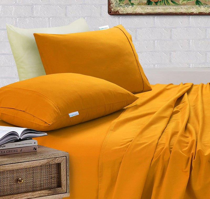 Elan Linen 100% Egyptian Cotton Vintage Washed 500TC Mustard Double Bed Sheets Set Payday Deals