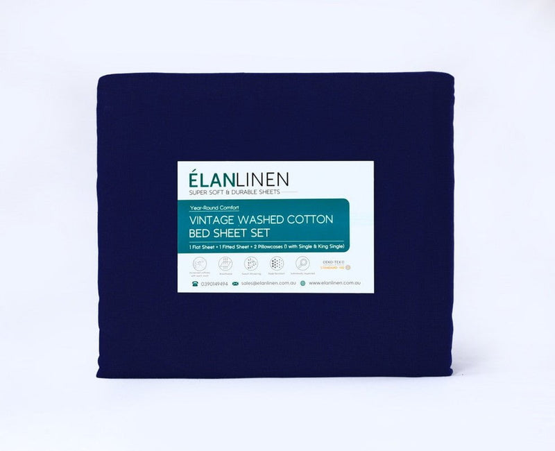 Elan Linen 100% Egyptian Cotton Vintage Washed 500TC Navy Blue Double Bed Sheets Set Payday Deals