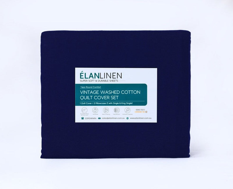Elan Linen 100% Egyptian Cotton Vintage Washed 500TC Navy Blue Queen Bed Sheets Set Payday Deals