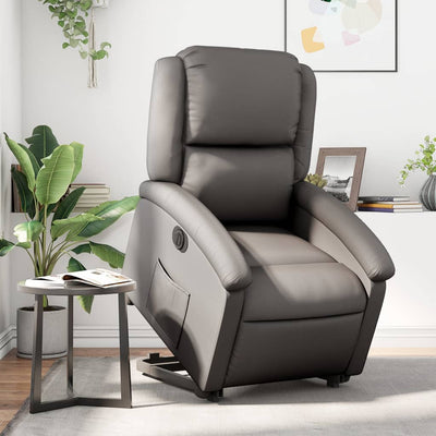 Electric Stand up Recliner Chair Grey Real Leather