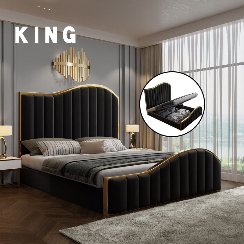 Elegant Luxury King Size Velvet Fabric Storage Bedframe Golden Trim-Black Payday Deals