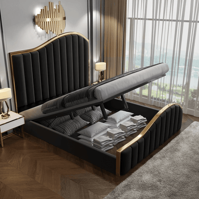 Elegant Luxury King Size Velvet Fabric Storage Bedframe Golden Trim-Black Payday Deals