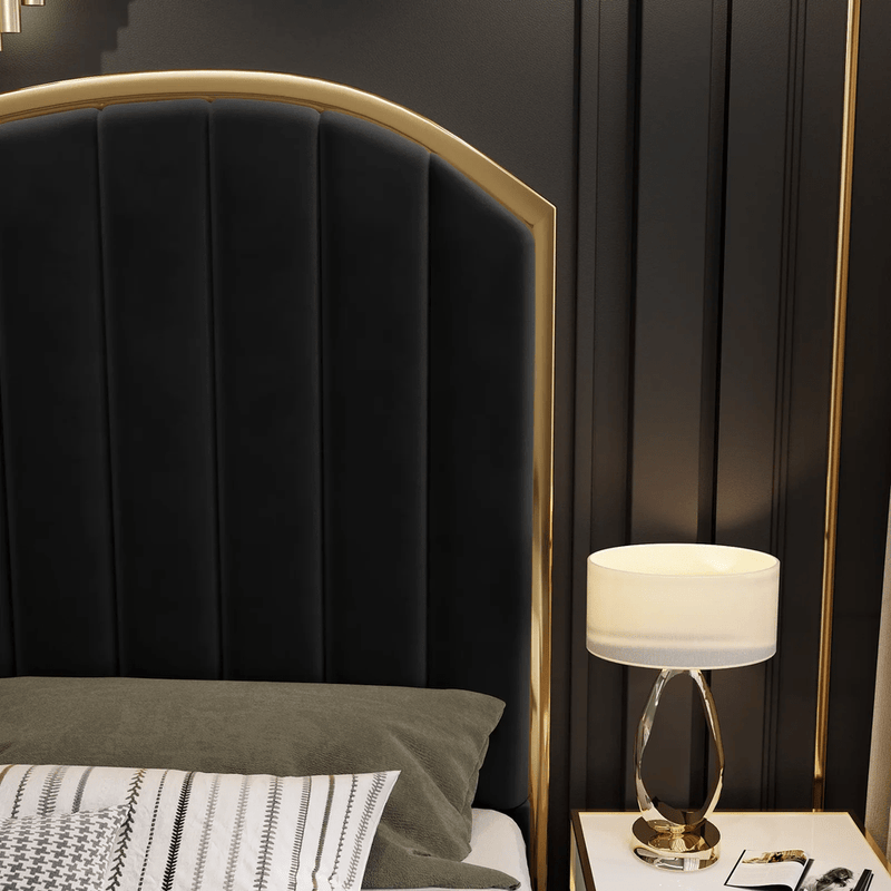 Elegant Luxury King Size Velvet Fabric Storage Bedframe Golden Trim-Black Payday Deals