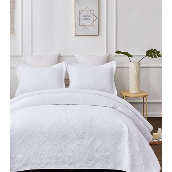 Embroidered Vivid White 100% Cotton Quilted 3 pcs Bedspread Coverlet Set Super King Payday Deals