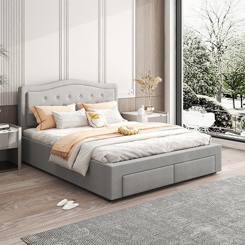 Emily Bed Frame Queen Size Velvet Fabric Grey Four MDF Drawers with Wheels Payday Deals