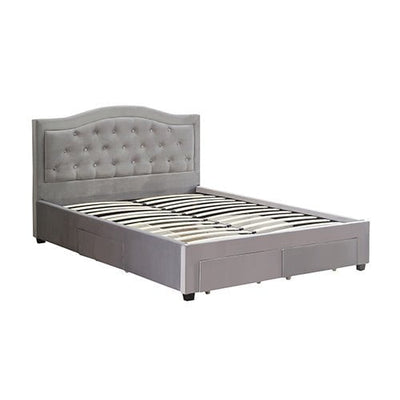 Emily Bed Frame Queen Size Velvet Fabric Grey Four MDF Drawers with Wheels Payday Deals