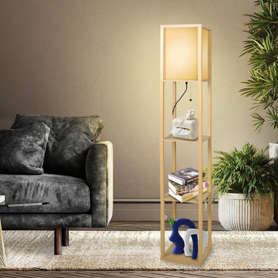 EMITTO Floor Lamp LED Storage Shelf 3 Tier Wood Standing Reading Corner Light Payday Deals
