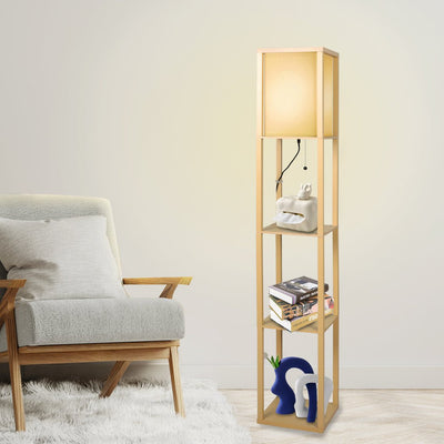 EMITTO Floor Lamp LED Storage Shelf 3 Tier Wood Standing Reading Corner Light Payday Deals