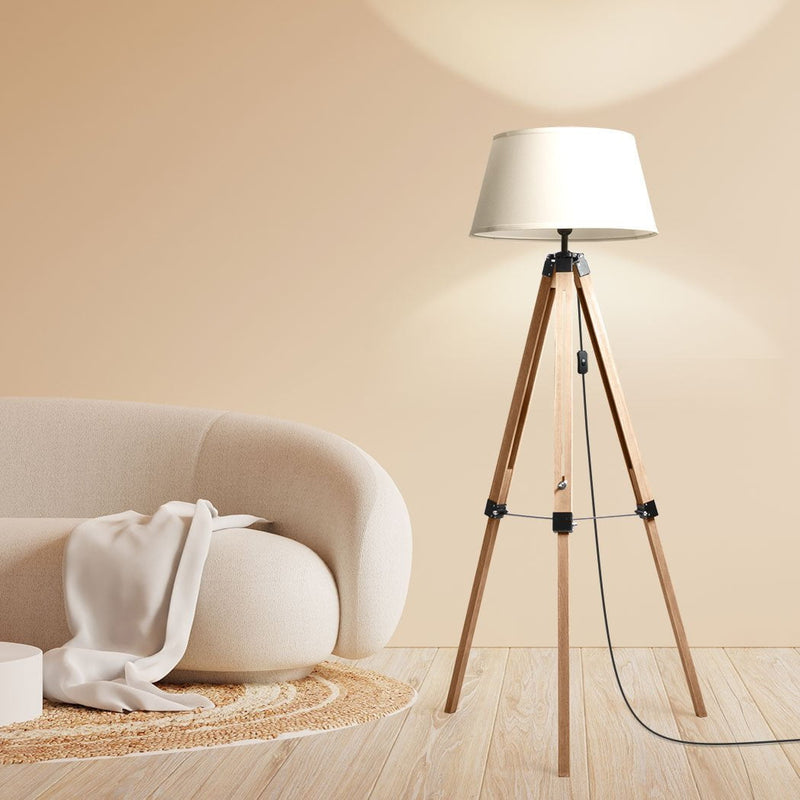 EMITTO Tripod Wooden Floor Lamp Shaded Reading Light Adjustable Stand Home Decor Payday Deals