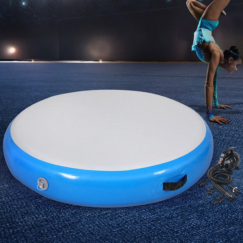 Everfit 1m Air Track Spot Inflatable Gymnastics Tumbling Mat Round W/ Pump Blue Payday Deals