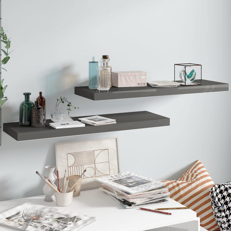 Floating Wall Shelves 2 pcs High Gloss Grey 80x23.5x3.8 cm MDF Payday Deals