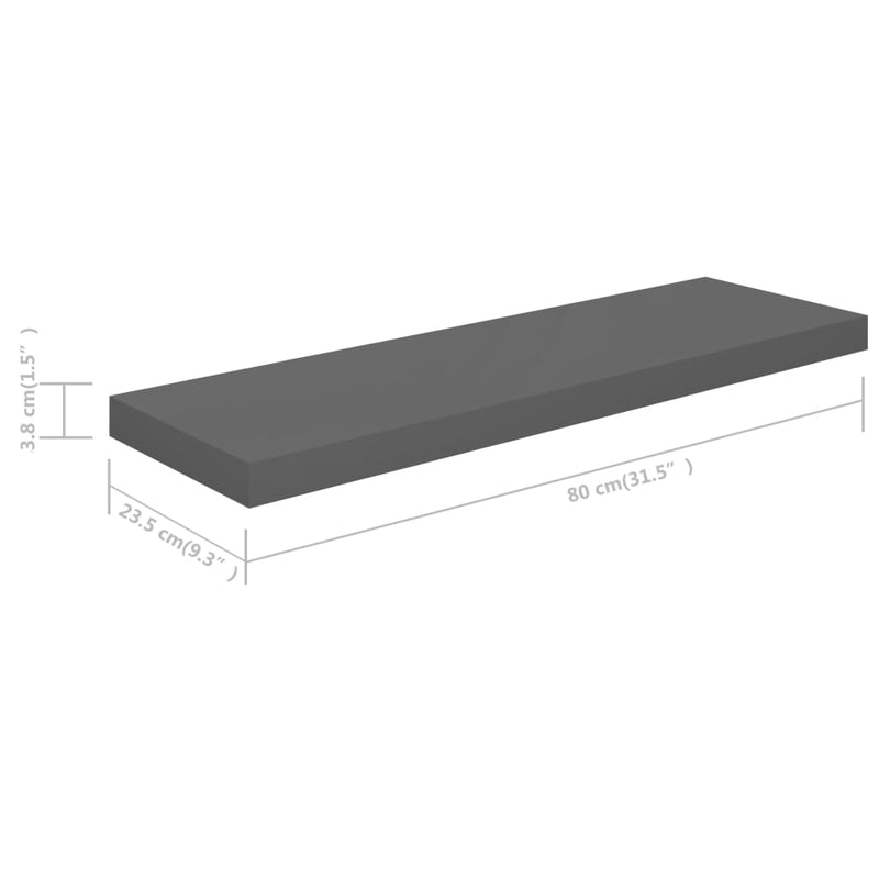 Floating Wall Shelves 2 pcs High Gloss Grey 80x23.5x3.8 cm MDF Payday Deals