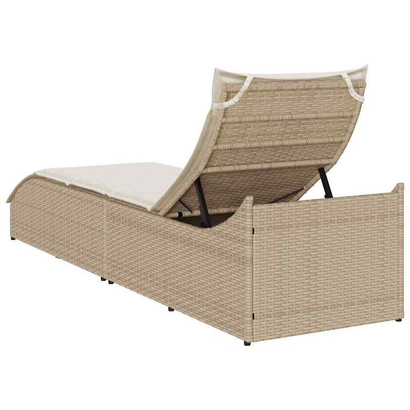 Folding Sun Lounger with Cushion and Storage Beige Poly Rattan Payday Deals