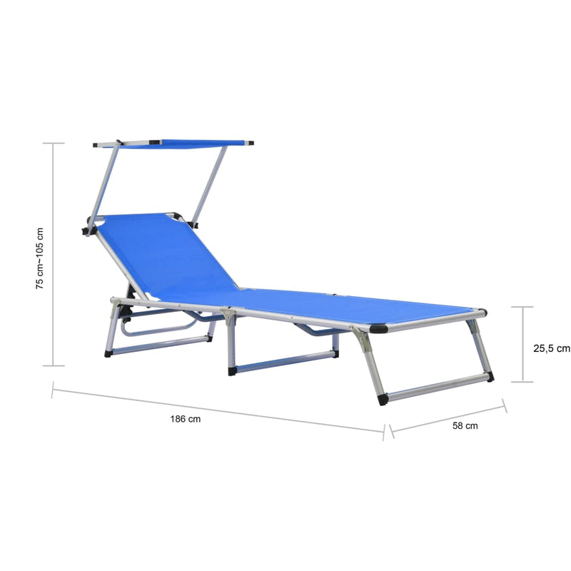 Folding Sun Lounger with Roof Aluminium and Textilene Blue Payday Deals