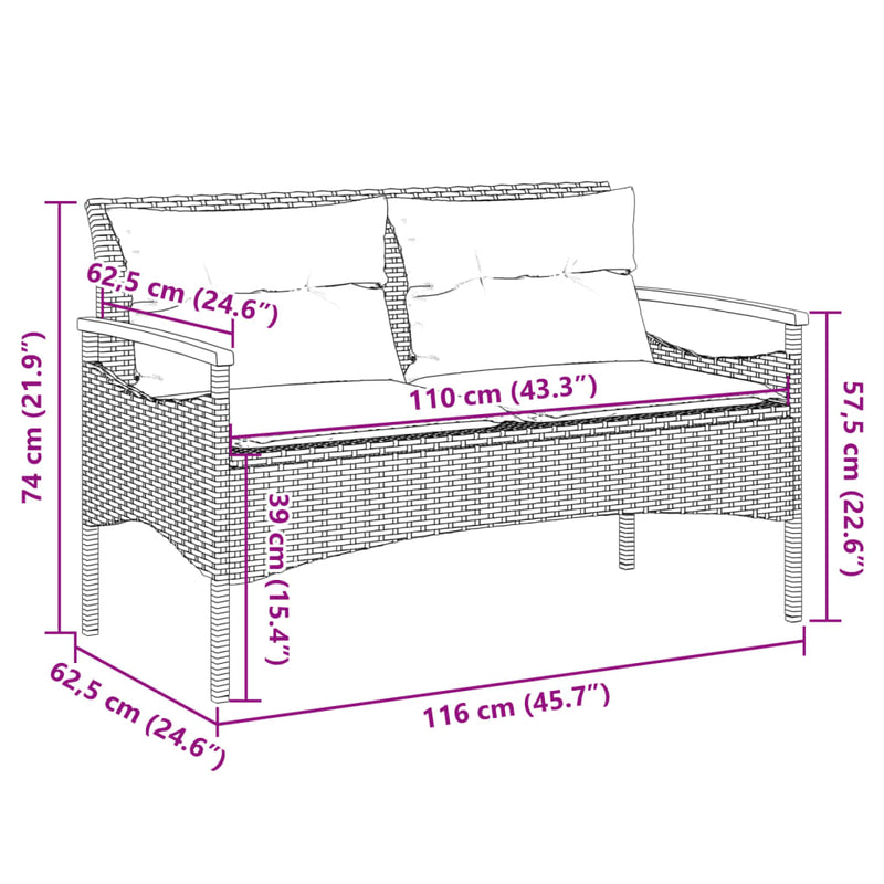 Garden Bench with Cushions 116x62.5x74 cm Black Poly Rattan Payday Deals