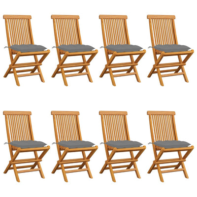 Garden Chairs with Grey Cushions 8 pcs Solid Teak Wood