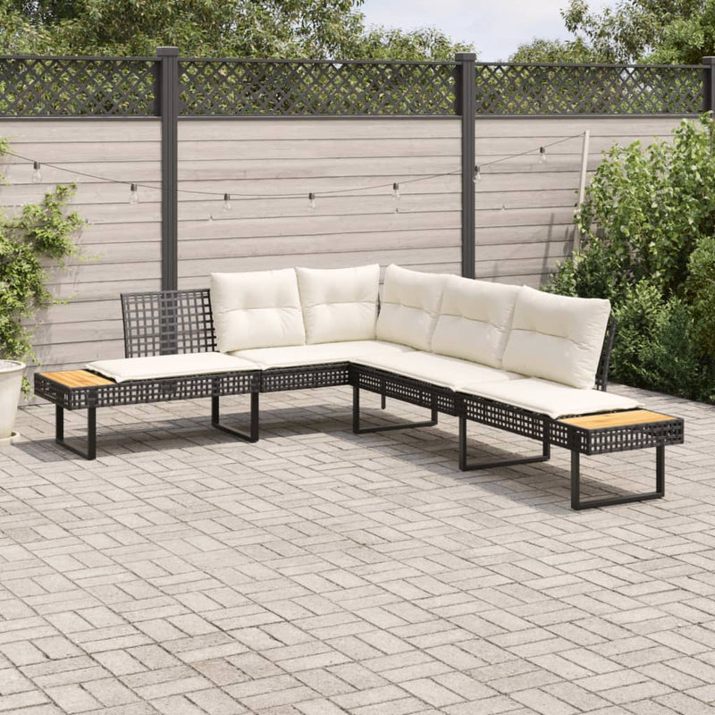 Garden Sofa with Cushions L-shaped Black Poly Rattan and Acacia Payday Deals