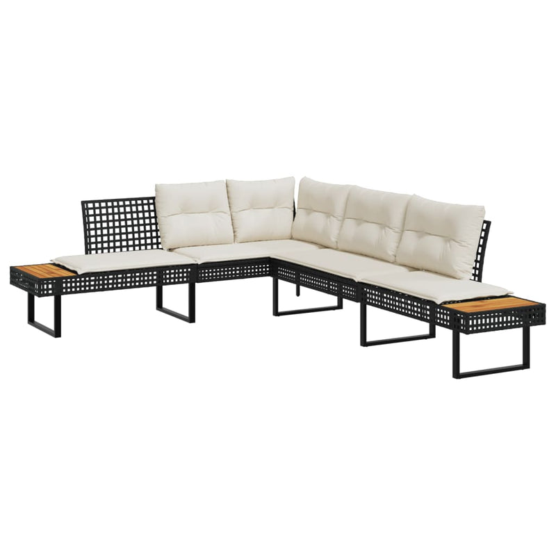 Garden Sofa with Cushions L-shaped Black Poly Rattan and Acacia Payday Deals