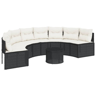 Garden Sofa with Table and Cushions Half-Round Black Poly Rattan Payday Deals
