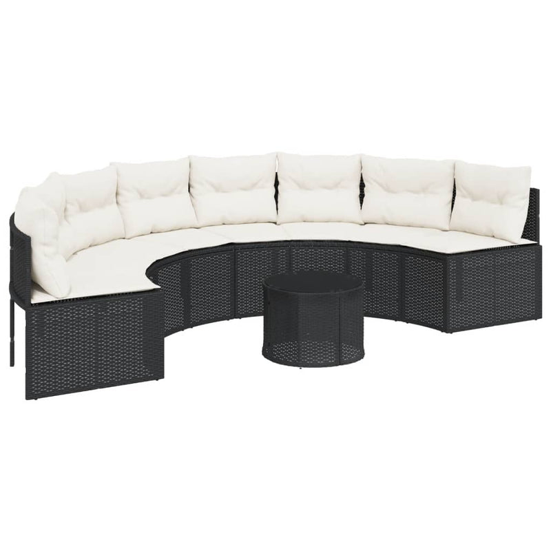 Garden Sofa with Table and Cushions Half-Round Black Poly Rattan Payday Deals
