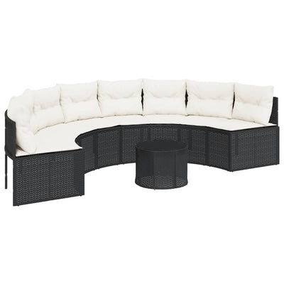 Garden Sofa with Table and Cushions Half-Round Black Poly Rattan Payday Deals